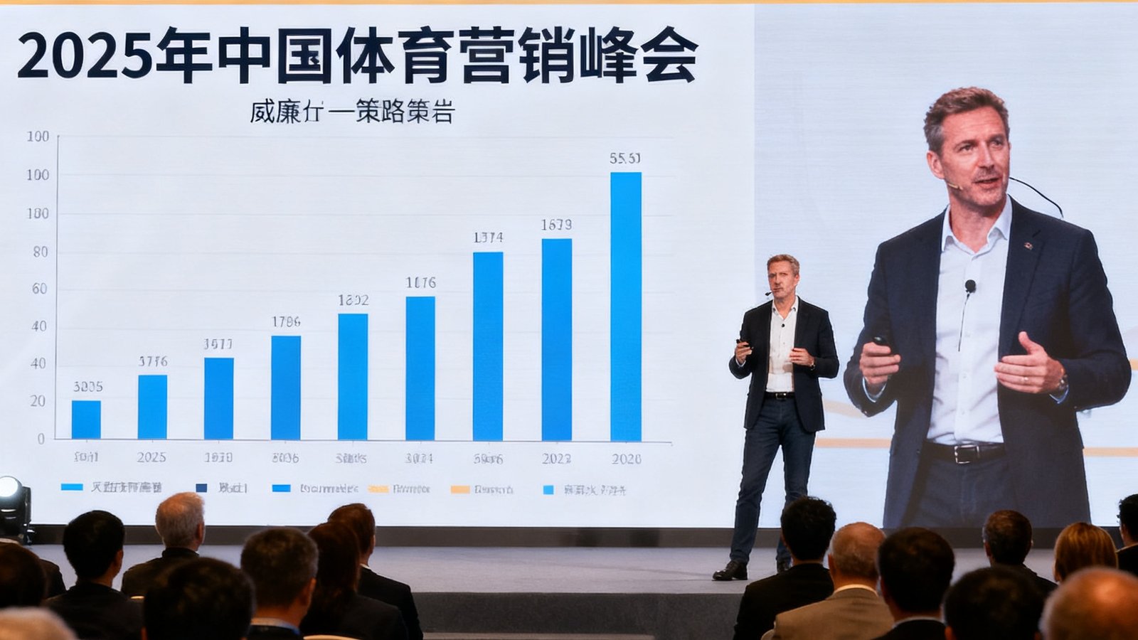 2025年中国体育营销峰会上，威廉希尔首席策略官在舞台上发表演讲，大屏幕显示数据图表。