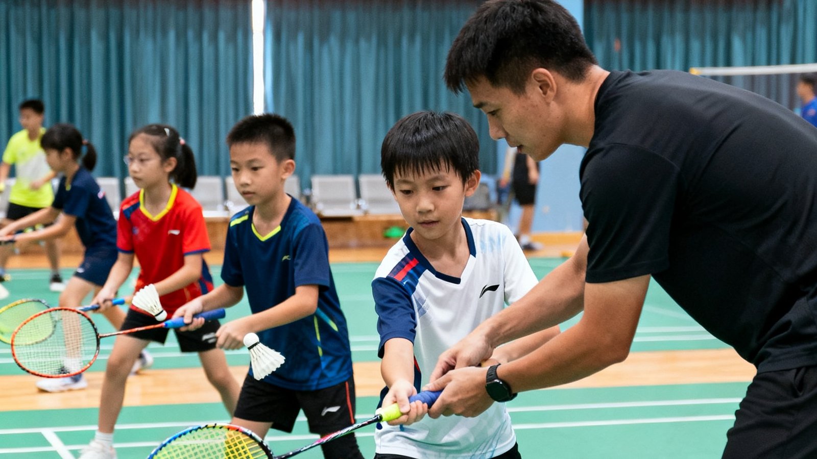 威廉希尔联合深圳体育局举办的青少年羽毛球公益训练营，教练正在指导孩子们握拍姿势。