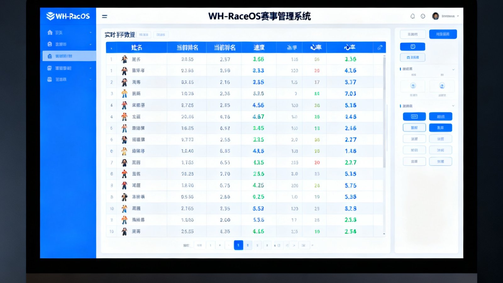 威廉希尔自研赛事管理系统WH-RaceOS的电脑界面截图，展示实时选手数据监控面板。