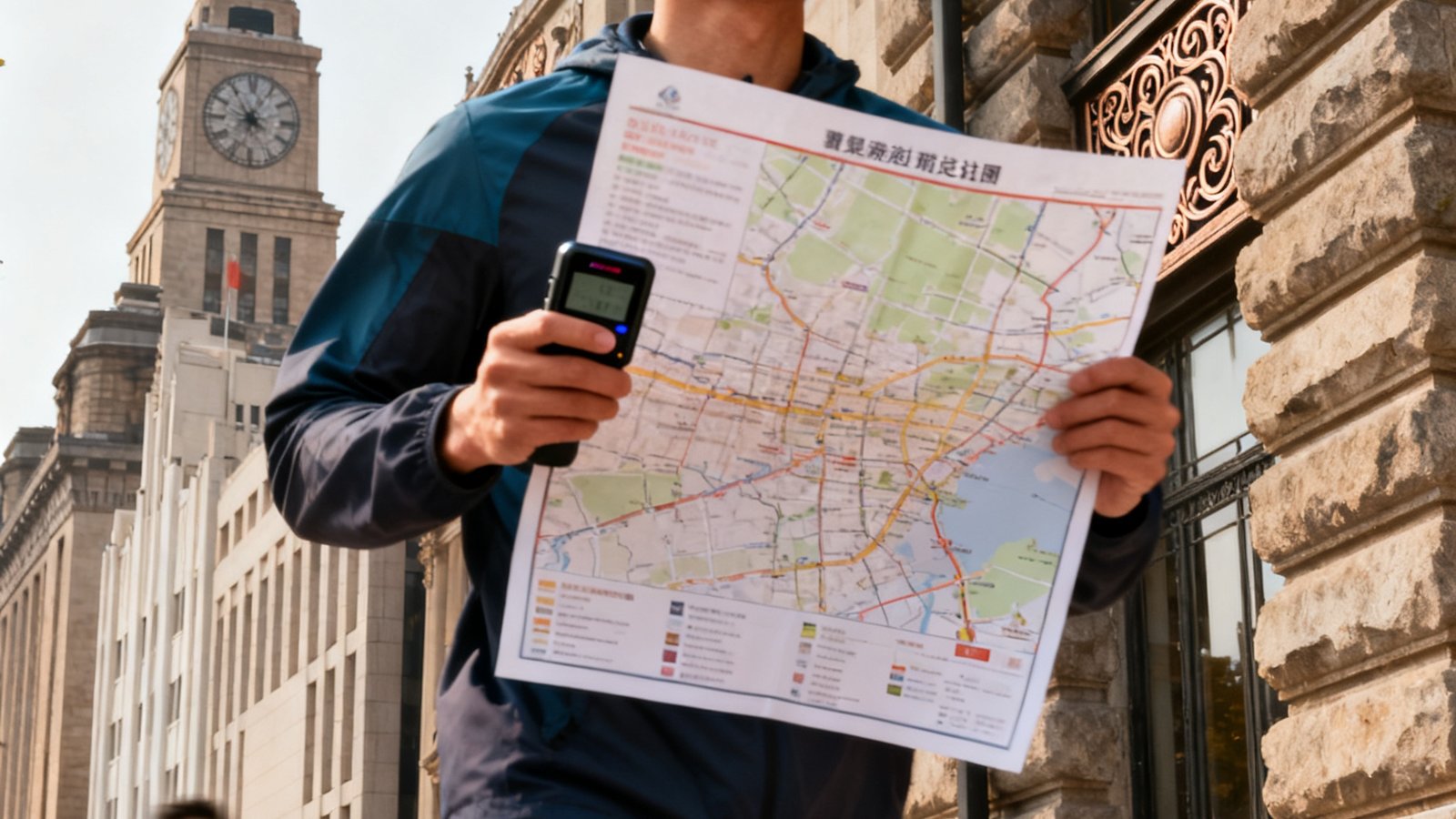 城市定向赛参赛者手持地图和打卡设备在城市地标间穿行，背景是上海外滩的历史建筑群。