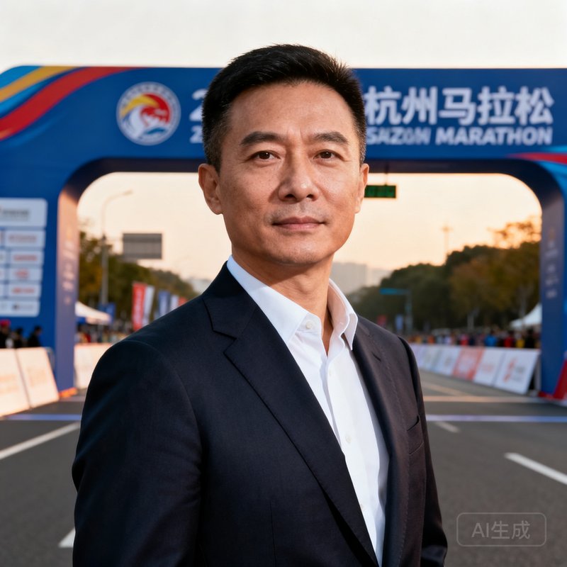 威廉希尔创始人陈志远的半身肖像照，他穿着深色西装，背景是杭州马拉松赛道起点的拱门，神情沉稳自信。