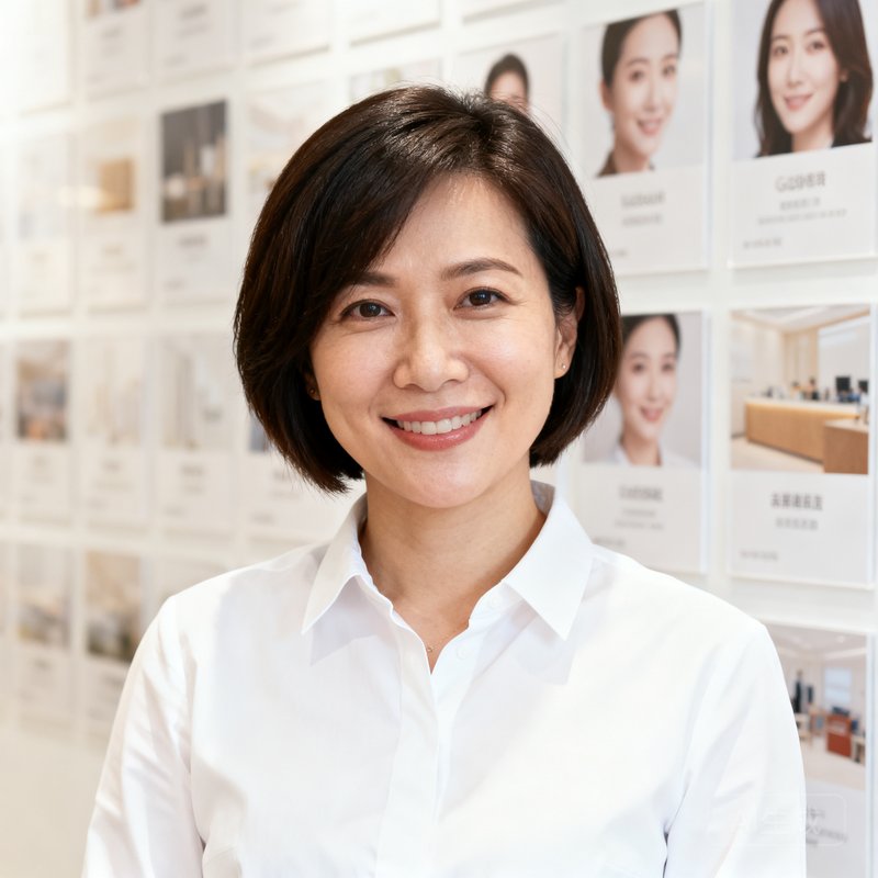 威廉希尔品牌策略总监林雅文的职业照，她留着干练短发，身着白色衬衫，背景是品牌营销案例展示墙。