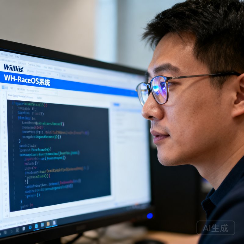 威廉希尔技术总监王浩宇的侧面照，他戴着眼镜专注地查看电脑屏幕上WH-RaceOS系统的代码界面。